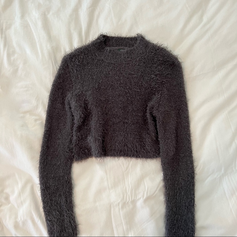 Cropped fuzzy grey mock neck